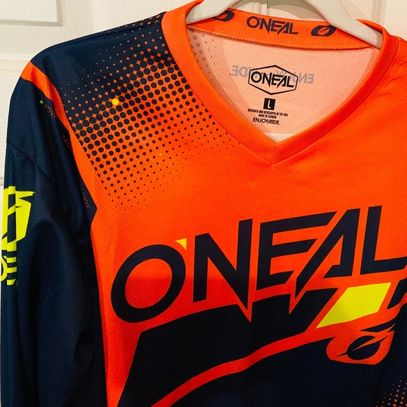 New! O'Neal Mens L MX Jersey Blue Orange Neon Riding Long Sleeve Enjoy the Ride - Picture 4 of 6